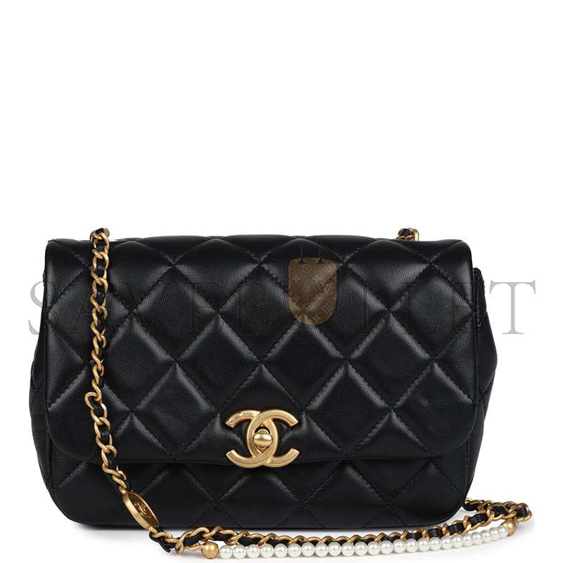 Ch*el master mini pearly chain flap bag black lambskin brushed gold hardware (20*15*5cm)